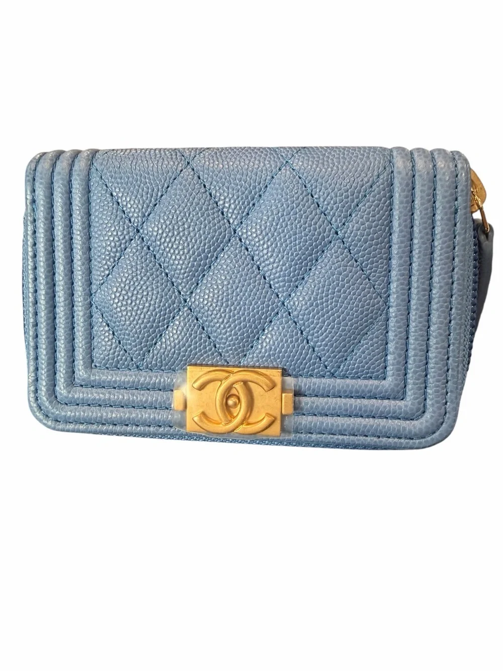 CHANEL NWOT Boy Light Blue Quilted Zip Coin Card Zip Wallet with Gold CC Accent